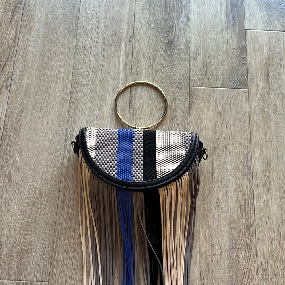 BRAND NEW (no tag) BCBG FRINGE BLUE BLACK AND GOLD CLUTCH/PURSE